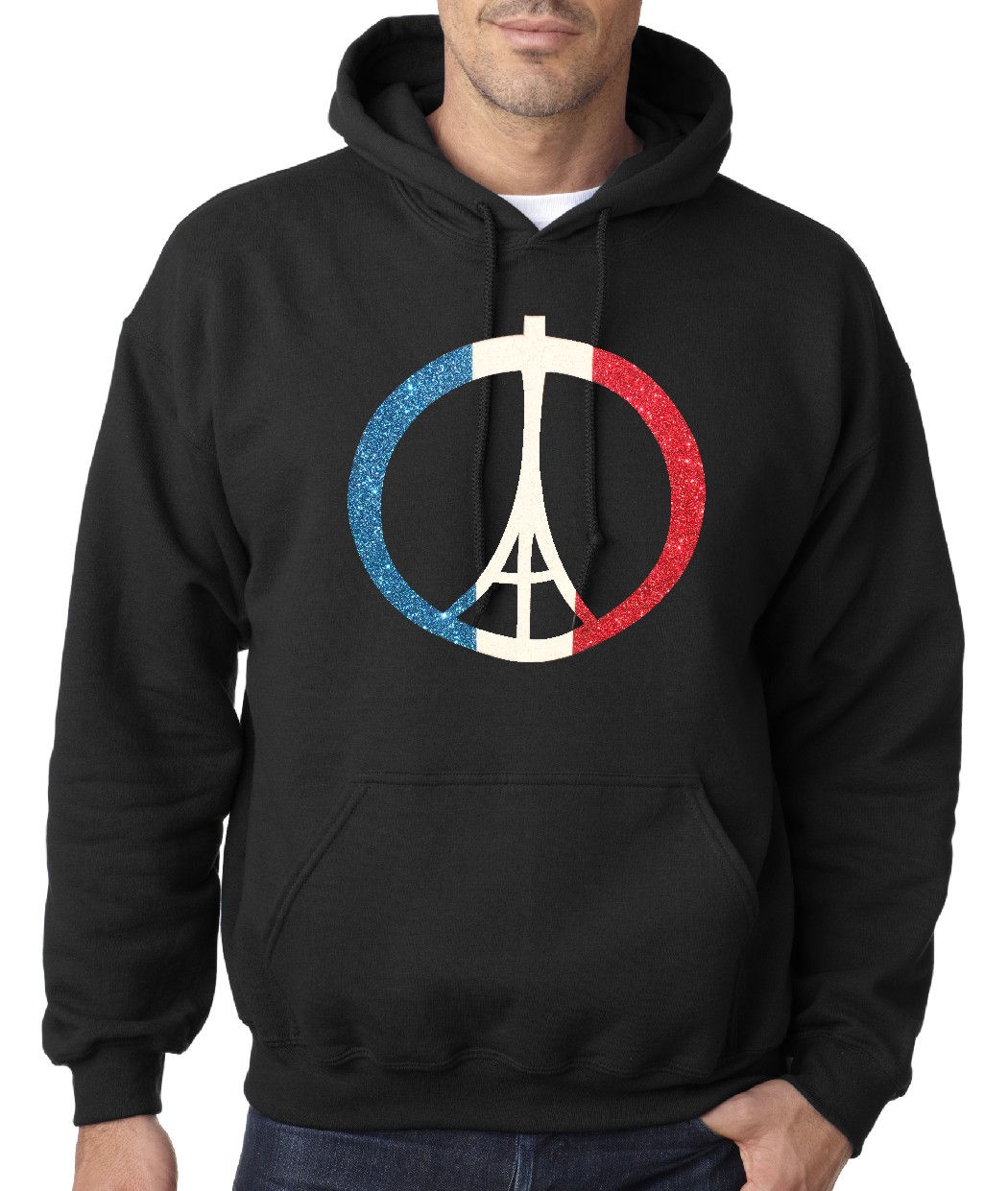 Paris Peace Eiffel tower glitterflake on black hooded sweatshirt